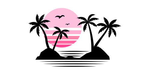 Palm island logo. Retro sunset with palms.