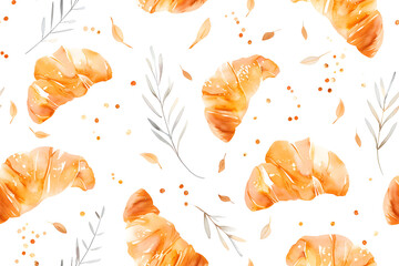 Flying croissants watercolor seamless pattern isolated on white background