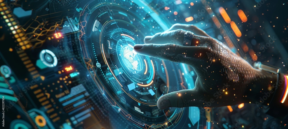Poster futuristic interactive digital contract interface on tablet with touch gestures - high-tech design f