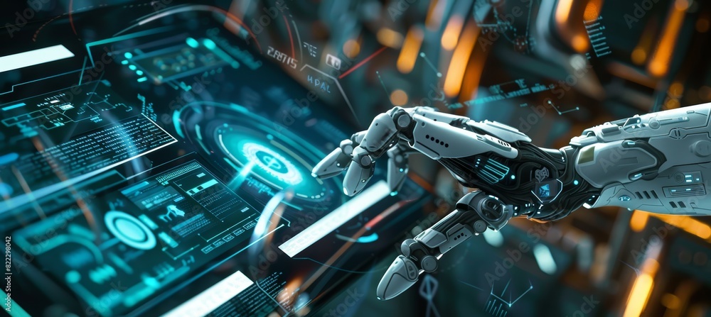 Poster futuristic contract signing with ai technology - robotic hand in high-tech environment