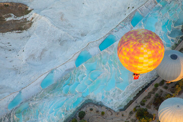Aerial view of hot air balloons on Pamukkale Travertines at morning © mkfart