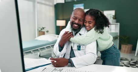 Hug, father or doctor with kid in office or hospital for healthcare checklist or medical schedule. Girl, love or happy African man playing with child, trust or support working on documents or notes