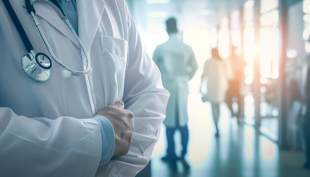 Homme m&eacute;decin chirurgien urgentiste dans un couloir d'hopital anim&eacute;