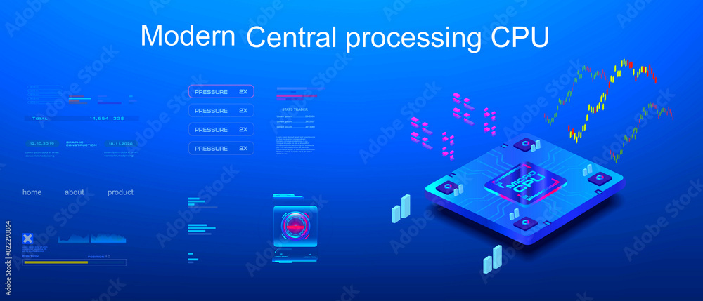Poster cpu. presentation of a new generation processor on futuristic background with hud elements. modern d