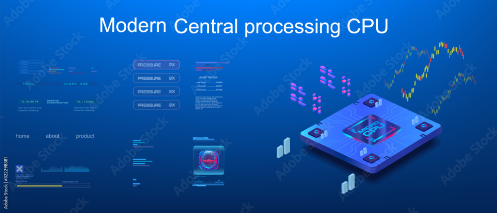 Poster cpu. presentation of a new generation processor on futuristic background with hud elements. modern d