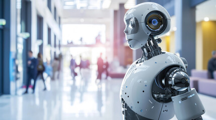 robot in the office where people work, assistant, replacement of workers, employment unemployment theme