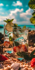 Refreshing tropical cocktails with strawberries & mint garnished with cucumber slices on pebble beach under sunny skies, summer vibes, beach holidays.
