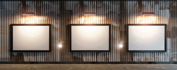 A modern design office featuring three white frames with dark borders, each uniquely angled and spotlighted against a wall