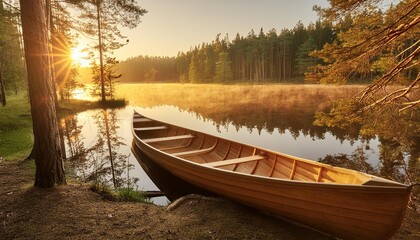 Obraz premium old vintage wood canoe beached on mountain lake shore