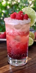 Refreshing raspberry lime cocktail with sugar-rimmed glass, perfect for summer parties, outdoor barbecues, and festive celebrations. Copy space.