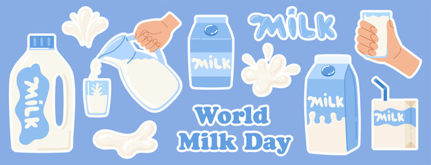 World milk day sticker pack. 1 June. Milk set in different packages. Dairy drops and splash. National dairy month. Vector illustration in flat hand drawn style - Powered by Adobe