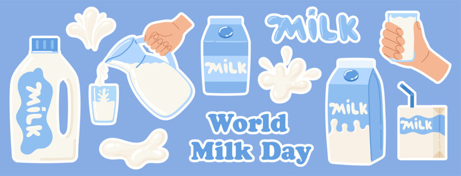 World milk day sticker pack. 1 June. Milk set in different packages. Dairy drops and splash. National dairy month. Vector illustration in flat hand drawn style