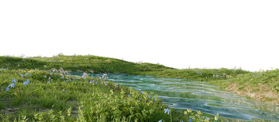 Tranquil Green Landscape with Reflective Pond. 3D rendering.