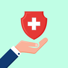 Obraz premium Life & health insurance concept. Business hand holding Shield flat vector illustration