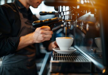 A proficient barista brews espresso, pouring it into a ceramic cup, amid a warm café atmosphere.