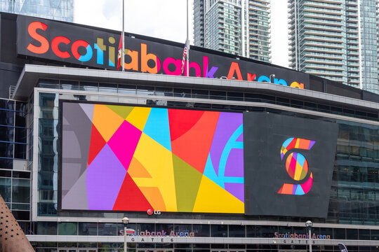 Toronto Canada, May 20, 2024; The illuminated LED video wall on the ScotiaBank arena, seen from the Maple Leaf Square in Toronto