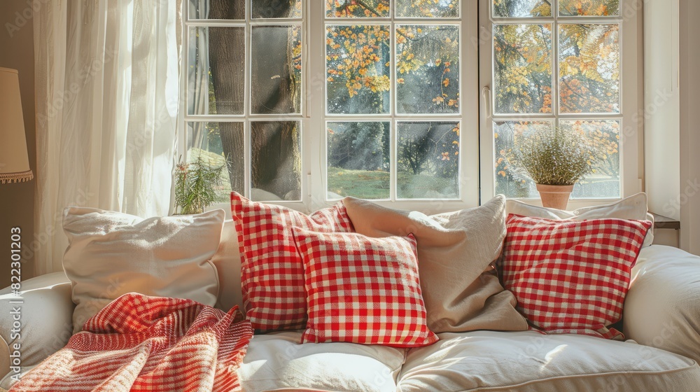 Poster a white couch with red and white checkered pillows and a red blanket