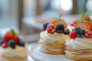 Gourmet Pastries in Chic Cafe Setting with Pastry, Fruit, and Cream Layers - Ideal for Culinary Promotions