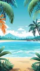 Fototapeta premium tropical background with palm trees and ocean sand, illustration in flat style