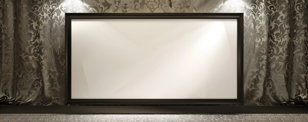A single large empty white frame with dark borders, centrally spotlighted against a wall with a silk damask texture in a minimalist architectural studio. 