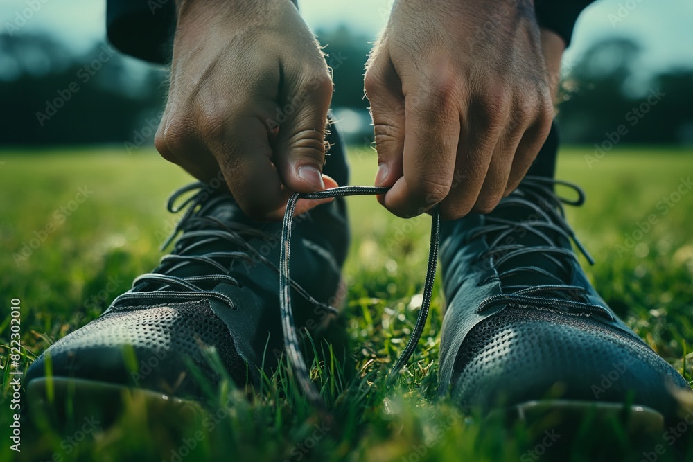 Wall mural Man tying lace on black sport shoe on grass field during sunny day