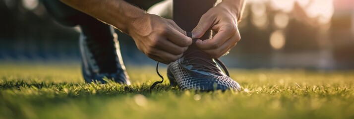 Man tying shoe on grassy soccer field during sunset banner