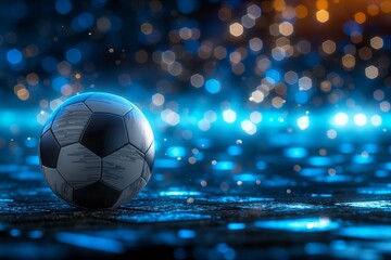 Fototapeta premium Futuristic soccer ball on illuminated surface with bokeh light effect in background