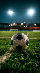 Obraz premium Soccer ball on grass under stadium light at night