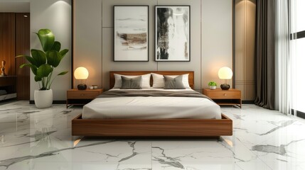Modern Master bedroom with cozy wooden bed, comfortable mattress, Neat bedsheet and pillows, Expensive acrylic paint, Wall arts, Lamps, Naturally lighted, and Centered.