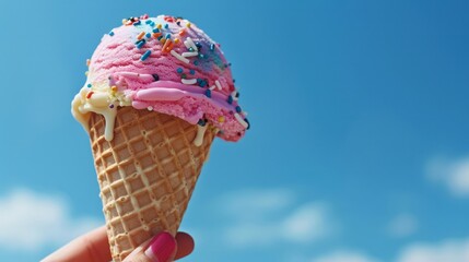 A person is holding a pink ice cream cone with sprinkles on top