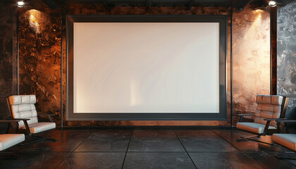 A single large empty white frame with dark borders, centrally spotlighted against a wall with a polished copper texture