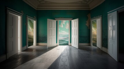 Surreal digital depiction of a spacious turquoise room with doors opening onto a breathtaking ocean scene under a cloudy sky.