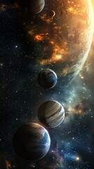 Three-dimensional view of outer space and three planets.
