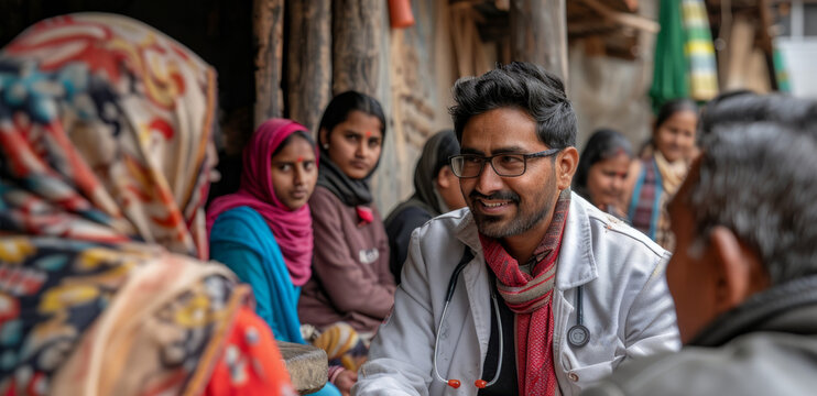community health outreach, an indian doctor offers vital healthcare services at a free health camp in a rural village, aiming to narrow down the healthcare disparity for underprivileged groups