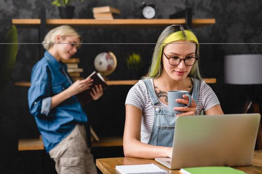 Happy caucasian girlfriends young lgbtq lesbian couple coworkers colleagues doing projects, homework, preparing for college, using laptop for doing paperwork at office