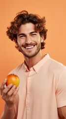 Peach background Happy european white man realistic person portrait of young beautiful Smiling man good mood Isolated on Background Banner 
