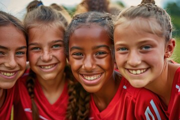 Fototapeta premium Girl's sports team smiling together, friendship in sports