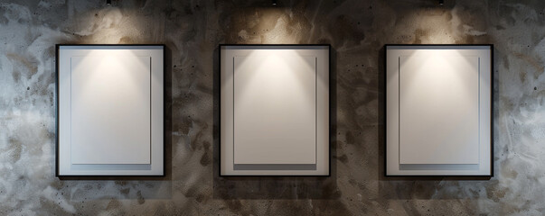 A trio of white frames with dark borders on a wall with a textured gypsum finish in a modern architectural firm, 