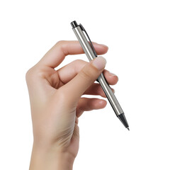 Closeup woman's hand holding a pen isolated on white background