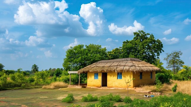 Indian village photography of yellow thatched roof house in verdant landscape under clear blue sky