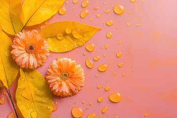 two vibrant orange flowers surrounded by lush green leaves with water droplets against soft pink background copy space