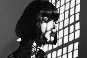 Dramatic Portrait of Woman in Artistic Shadows with Bob Haircut and Fishnet Clothing