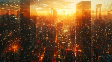 Panoramic view grid of a bustling urban skyline at sunset