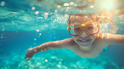 Naklejka premium Cute smiling child having fun swimming and diving in the pool at the resort on summer vacation. Sun shines under water and sparkling water reflection. Activities and sports to happy kid