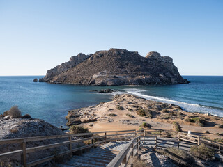 La Playa Amarilla beach and Isla del Fraile in Aguilas, Murcia