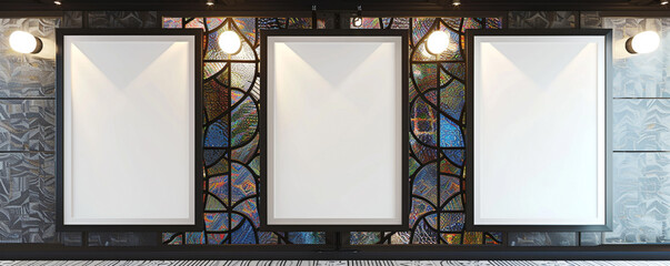 A trio of white frames with dark borders on a wall with a stained glass pattern in a modern architectural firm, each centrally spotlighted 