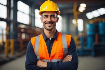 young professional industrial engineer in industrial factory wearing hat and safety suit