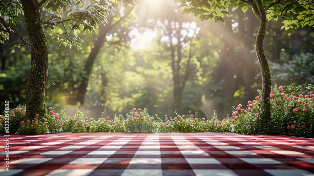 Poster a checkered red and white picnic table with a view of a forest
