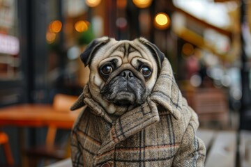 Urban Chic Pug in Trendy Coat Posing at City Cafe - Perfect for Fashion and Lifestyle Design