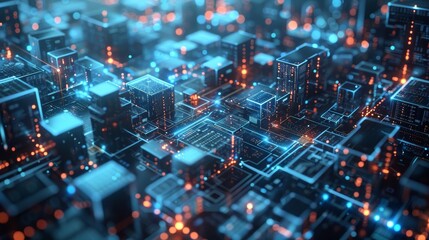 Futuristic digital circuit board with glowing connections and components, representing advanced technology and data networks.